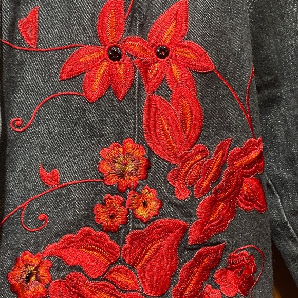 Chico's Size 1 Dark Denim Jacket with Red Embroidery and Embellishments - Picture 4 of 13